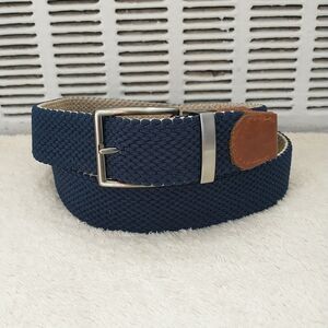 Tommy Bahama Belt Mens S/M Canvas Webbed Woven Navy Brown Leather